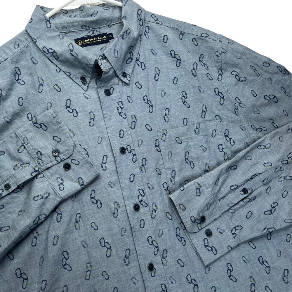 United By Blue Shirt Mens XL Blue Organic Cotton Hemp Yak Carabiner Print Hiking
